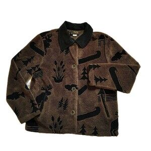 Vintage Cabincore Fleece Jacket Brown Black Nature Forest Motif Button Front M